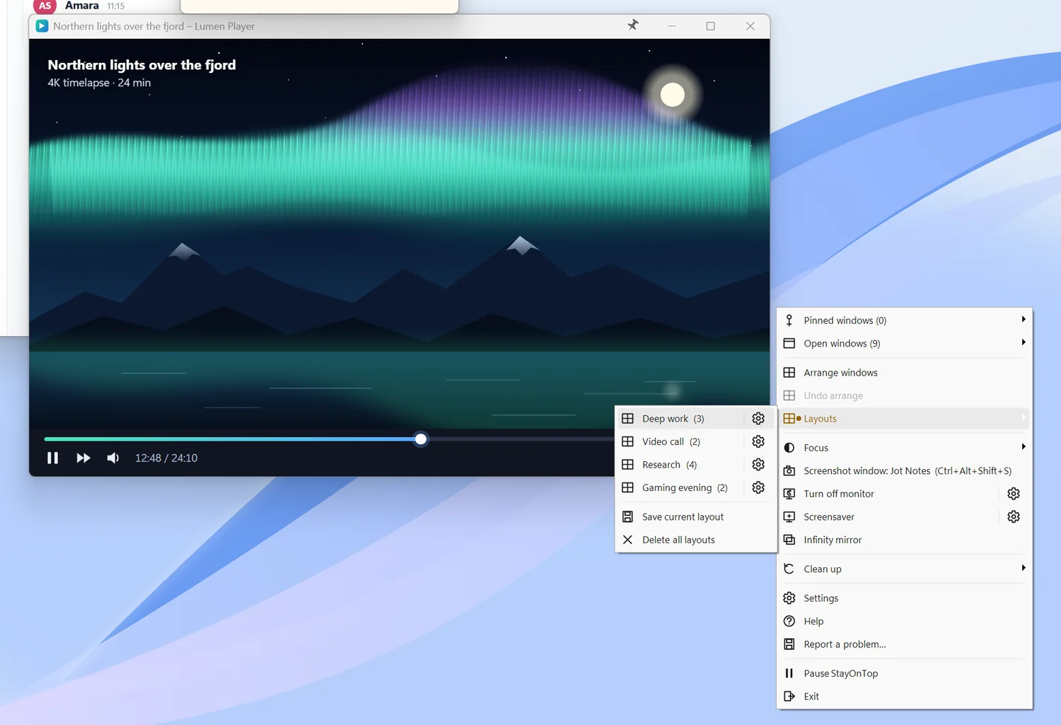 Saved window layouts