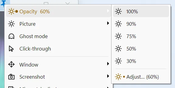 Opacity menu