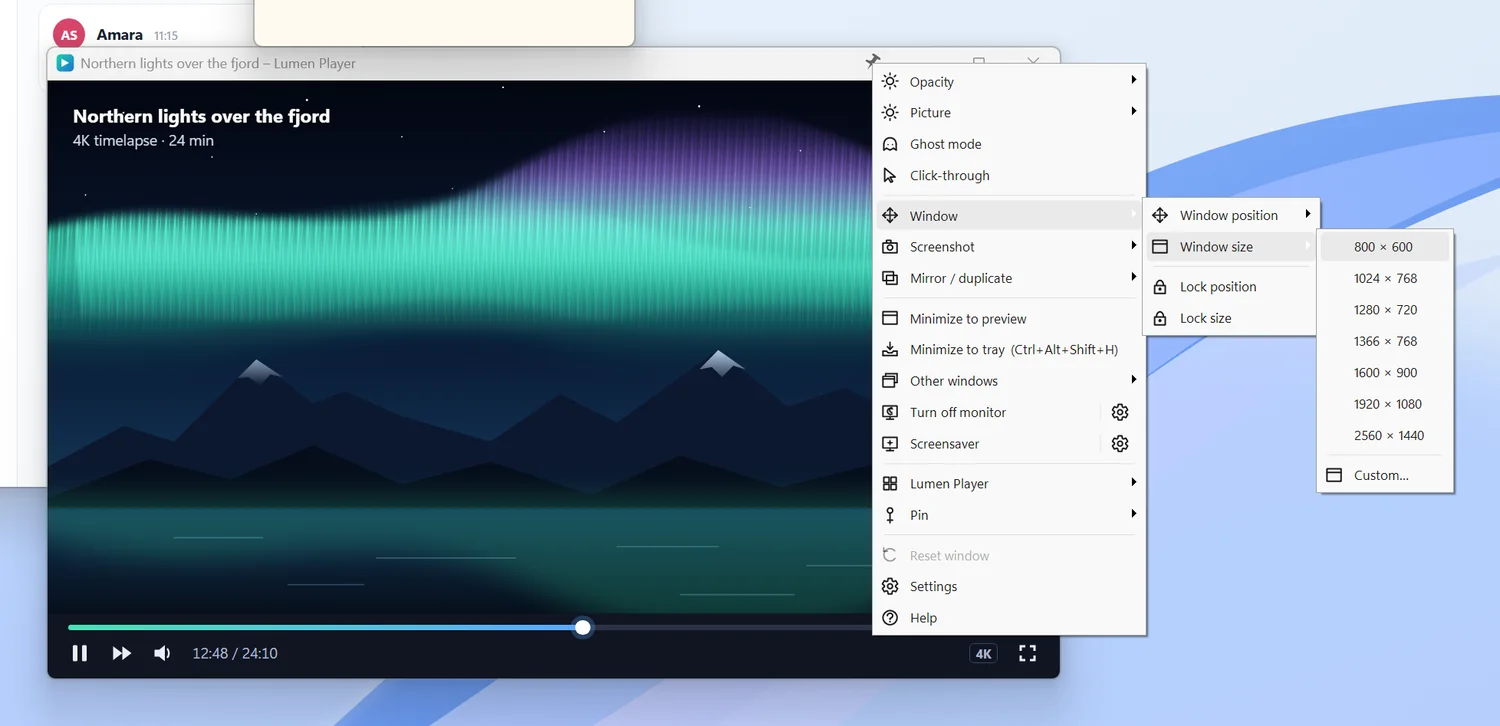 The StayOnTop window menu opened by right-clicking the pin